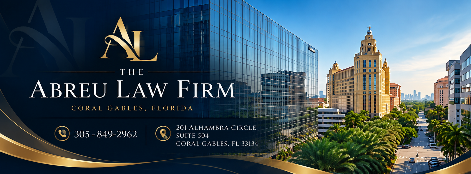Phone and address banner — Abreu Law Firm